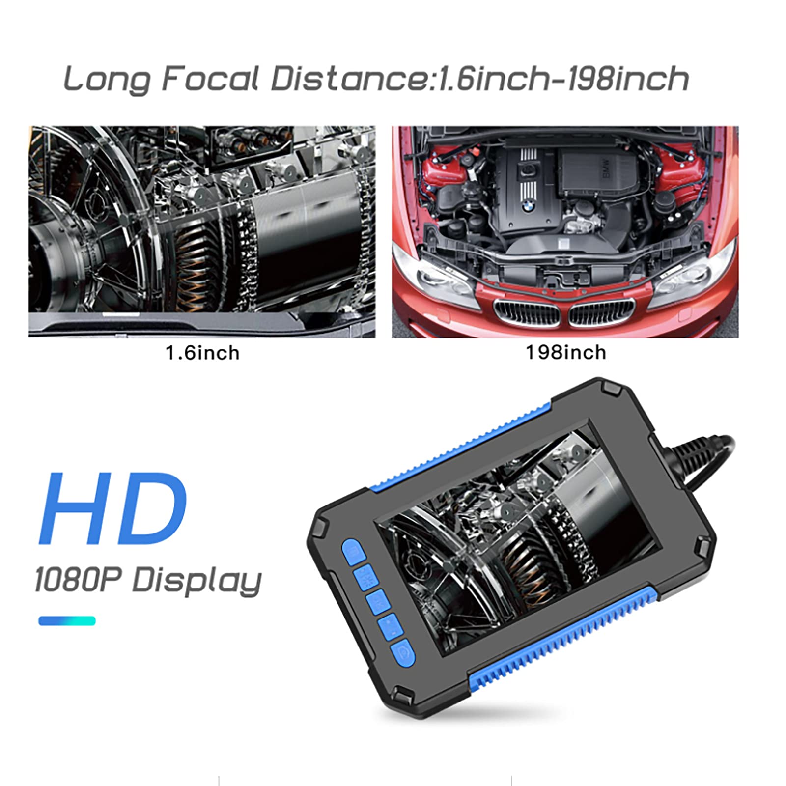 ERNZI Endoscopio 1080P HD Telecamera di ispezione per endoscopio IP67 Telecamera impermeabile per serpenti con 6 luci a LED, schermo LCD da 4,3 pollici, cavo semirigido da 5 m,Blu,10M
