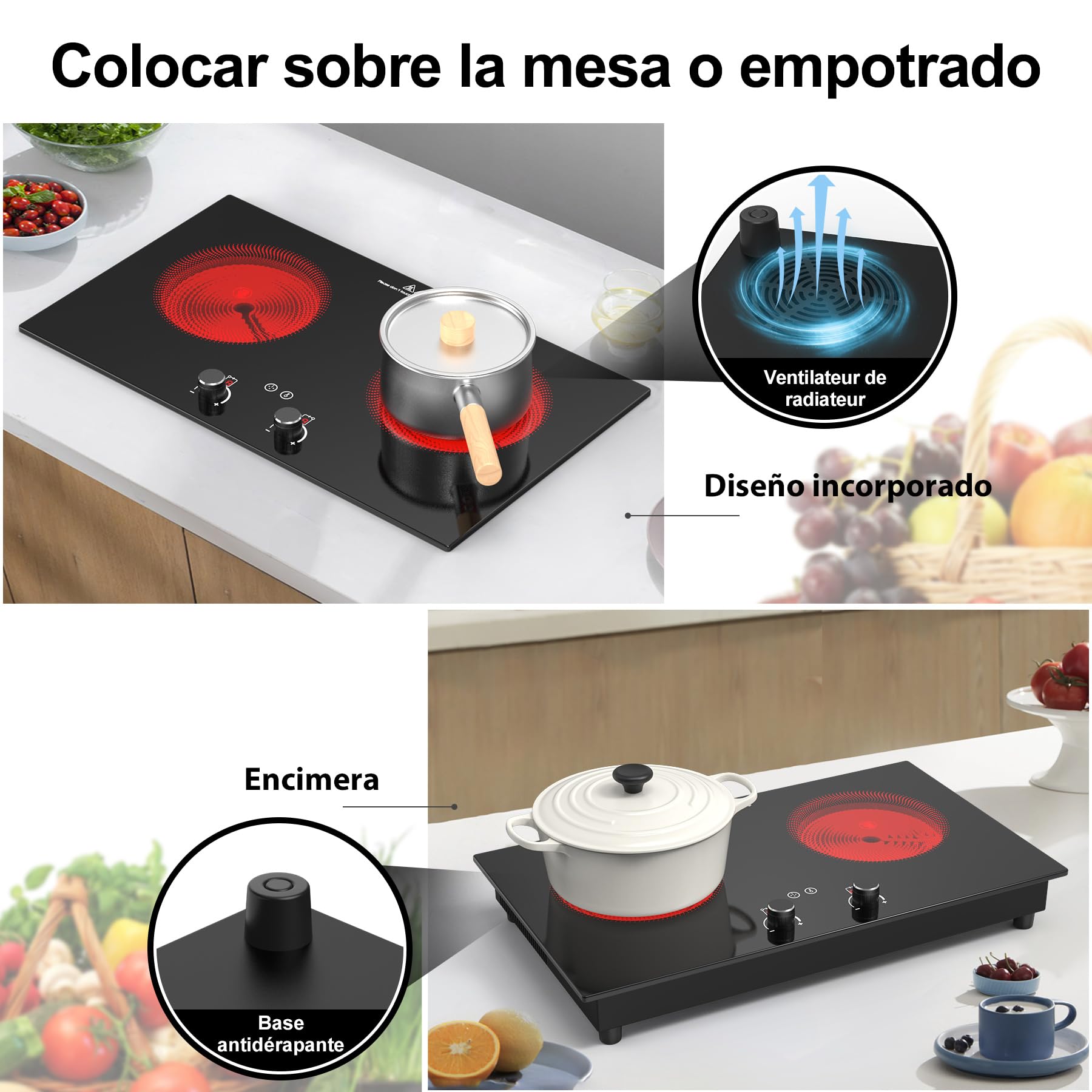 VBGKplaca vitroceramica,3600W vitrocerámica 2 fuegos，Placa calefactora de sobremesa y empotrable con bloqueo de seguridad para niños, temporizador, control mediante mando táctil LED.