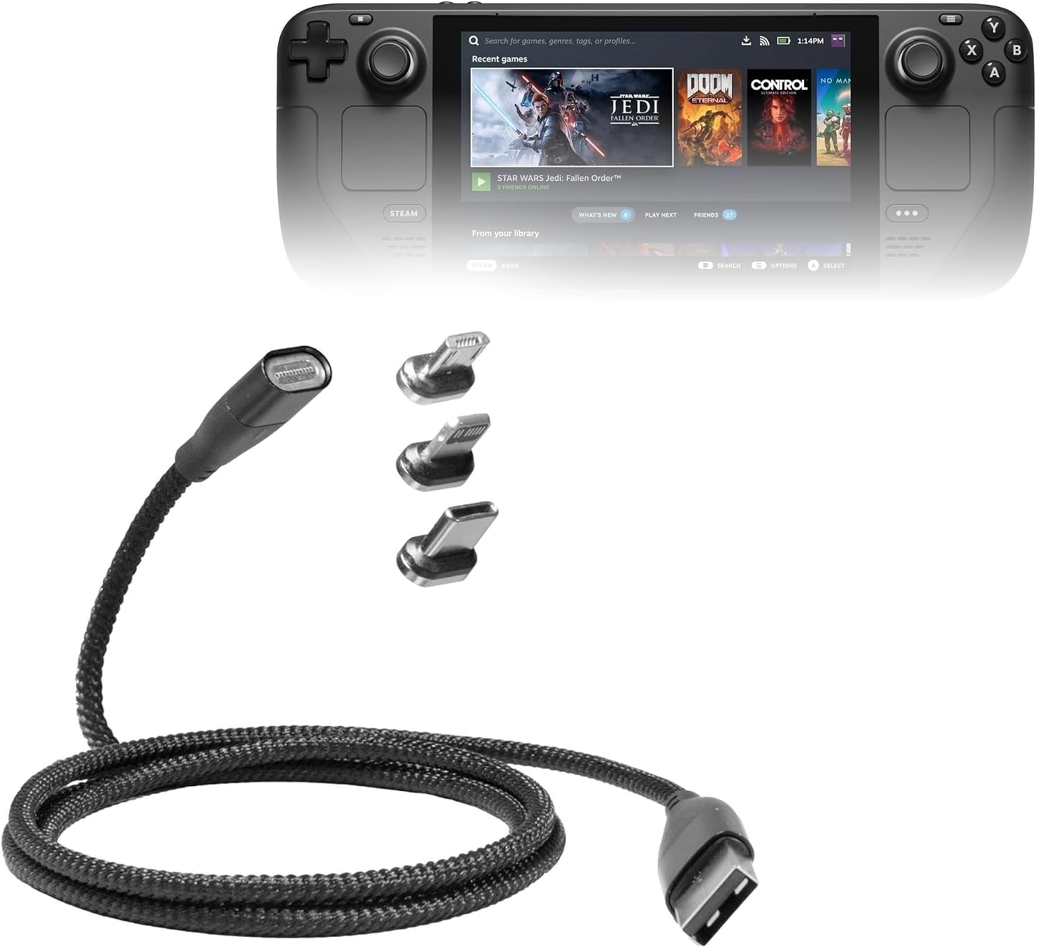 BoxWave Cable Compatible with Valve Steam Deck - MagnetoSnap PD AllCharge Cable (100W), Magnet Charging Braided USB Type-C Micro - Jet Black