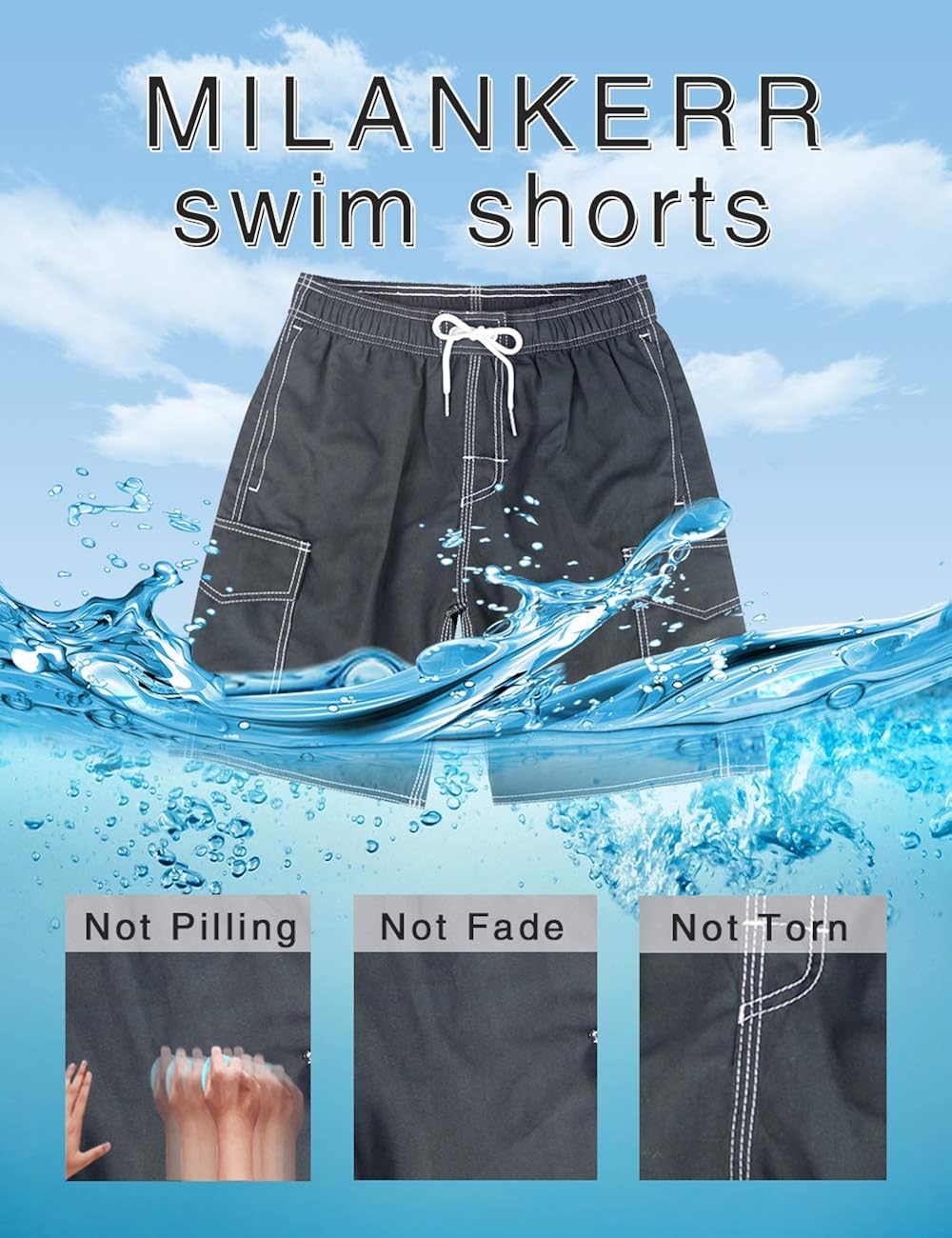 MILANKERR Men's Swim Trunk Swimming Shorts with Pockets S Gray