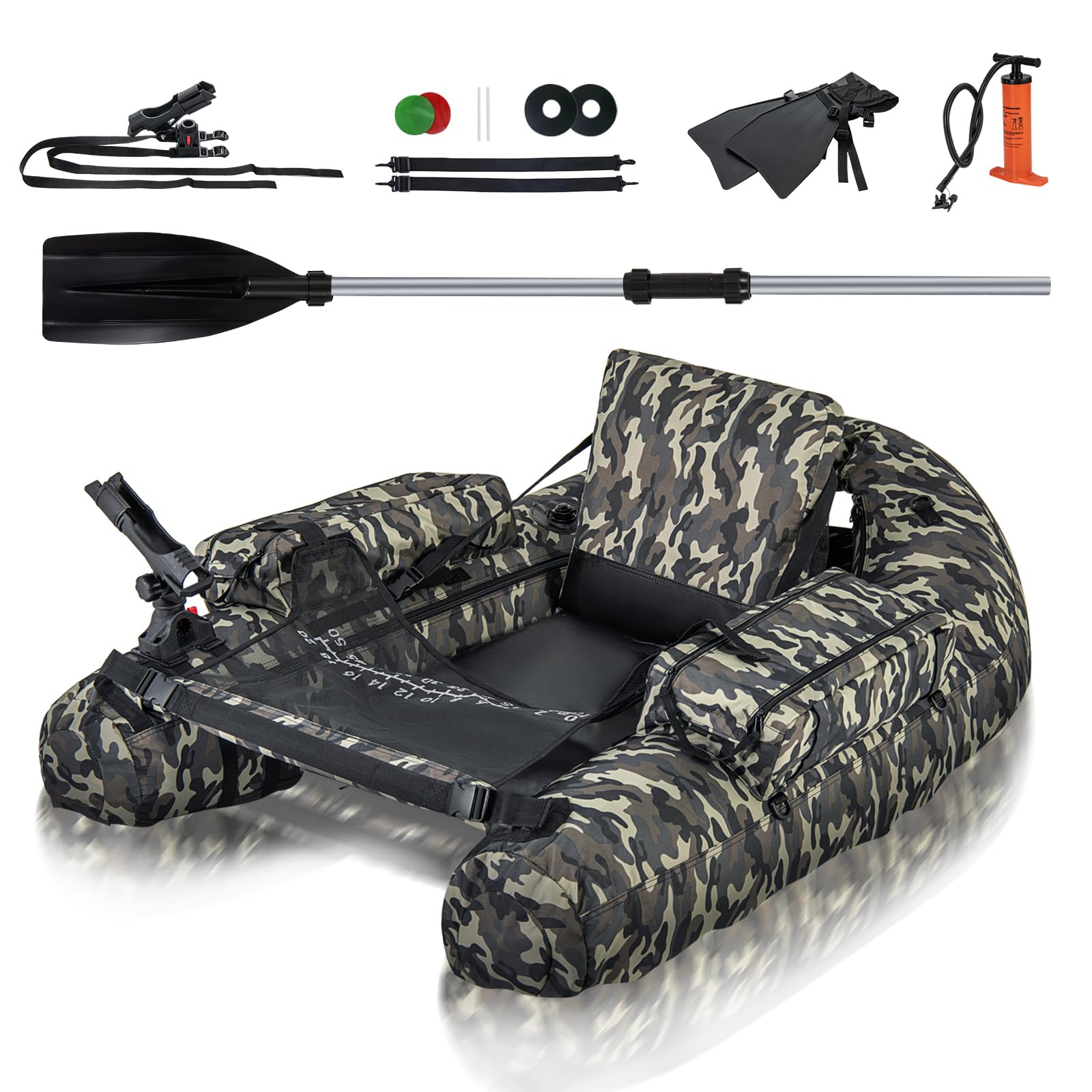 HOMASIS Bateau de Pêche Pneumatique pour Adultes,Bateau Gonflable Simple avec Palmes/Pompe/Pagaie pour gonflage,Canot de pêche avec Réservoir Gonflable pour Pêche Charge 150 kg,Camouflage