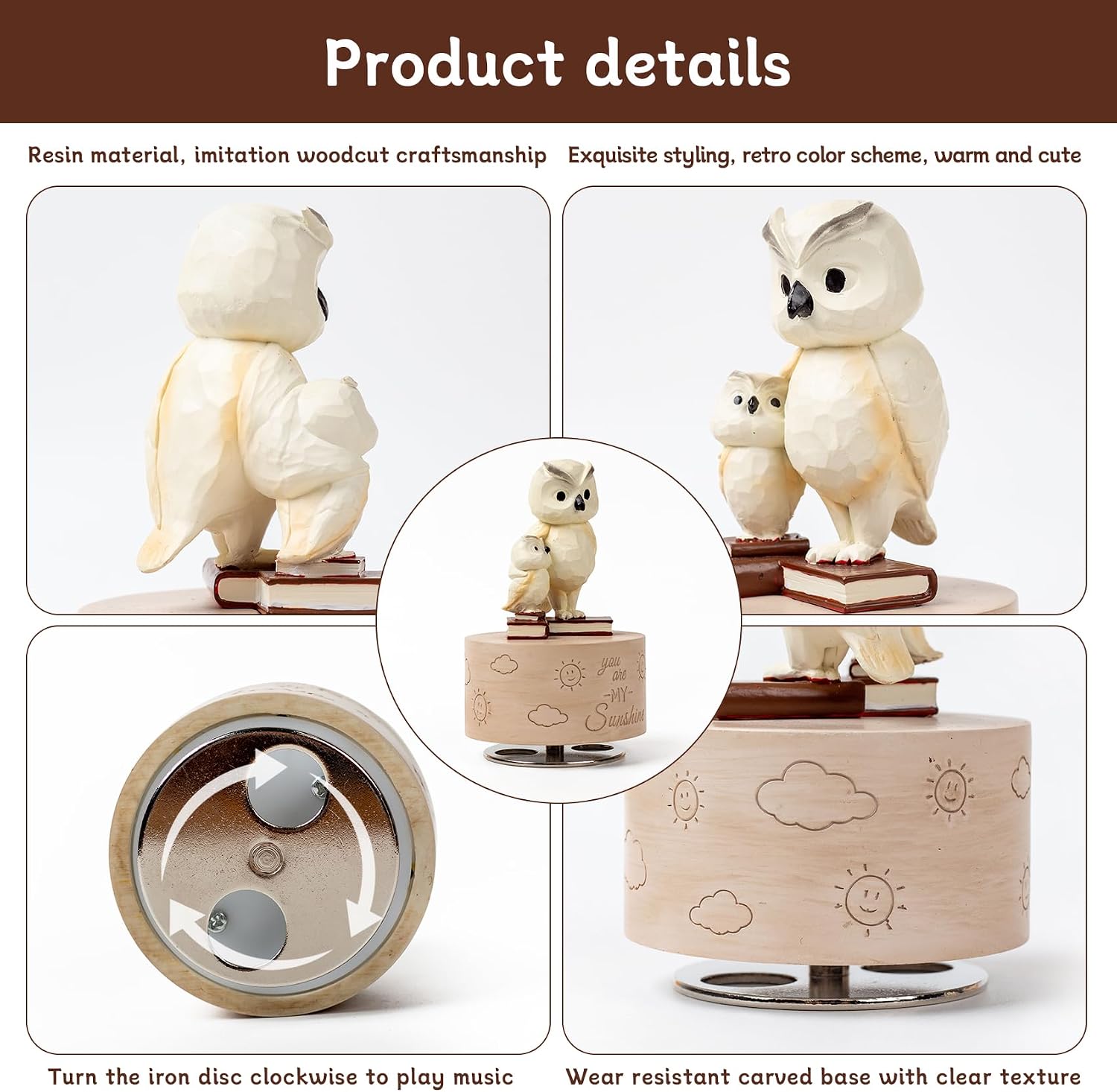 Owl Music Box Figurine, Resin Wind-Up Music Box “You Are My Sunshine” | Wind-up owl music box plays “You Are My Sunshine”. Resin figurine with gift box, perfect for emotional home décor & gifting.