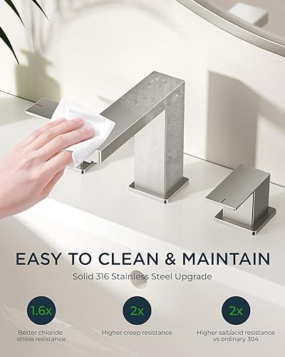 Miniatura 6 de FORIOUS Grifos de baño de níquel cepillado de 3 agujeros, acero inoxidable 2 manijas cuadradas de 8 pulgadas, grifo de fregadero de baño