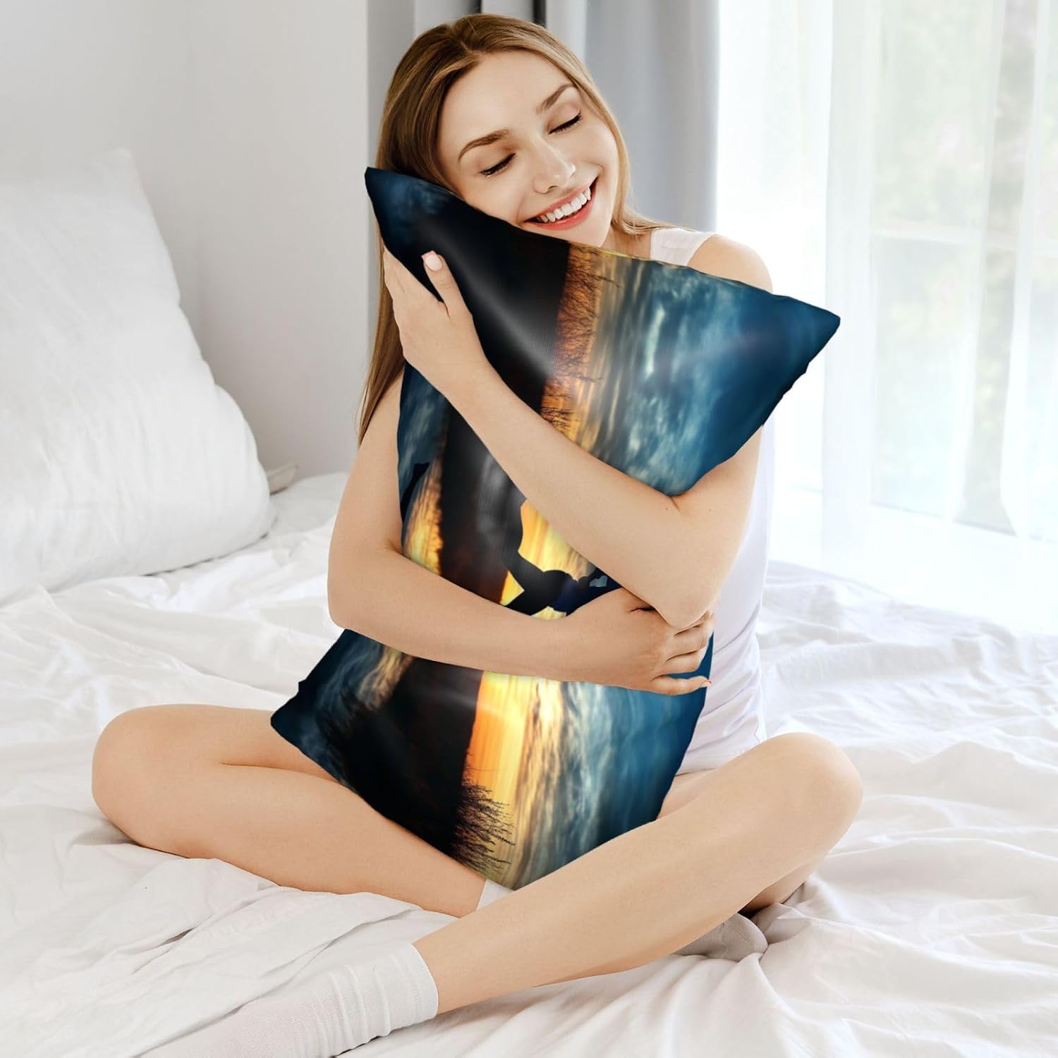 Satin Pillowcase for Hair and Skin, Blue Active Girl Running Sunset Pillow Cover Queen Size 20x30 Inch Soft Smooth Breathable Cooling Silky Pillow Cases with Hidden Zipper, Gifts for Women Men
