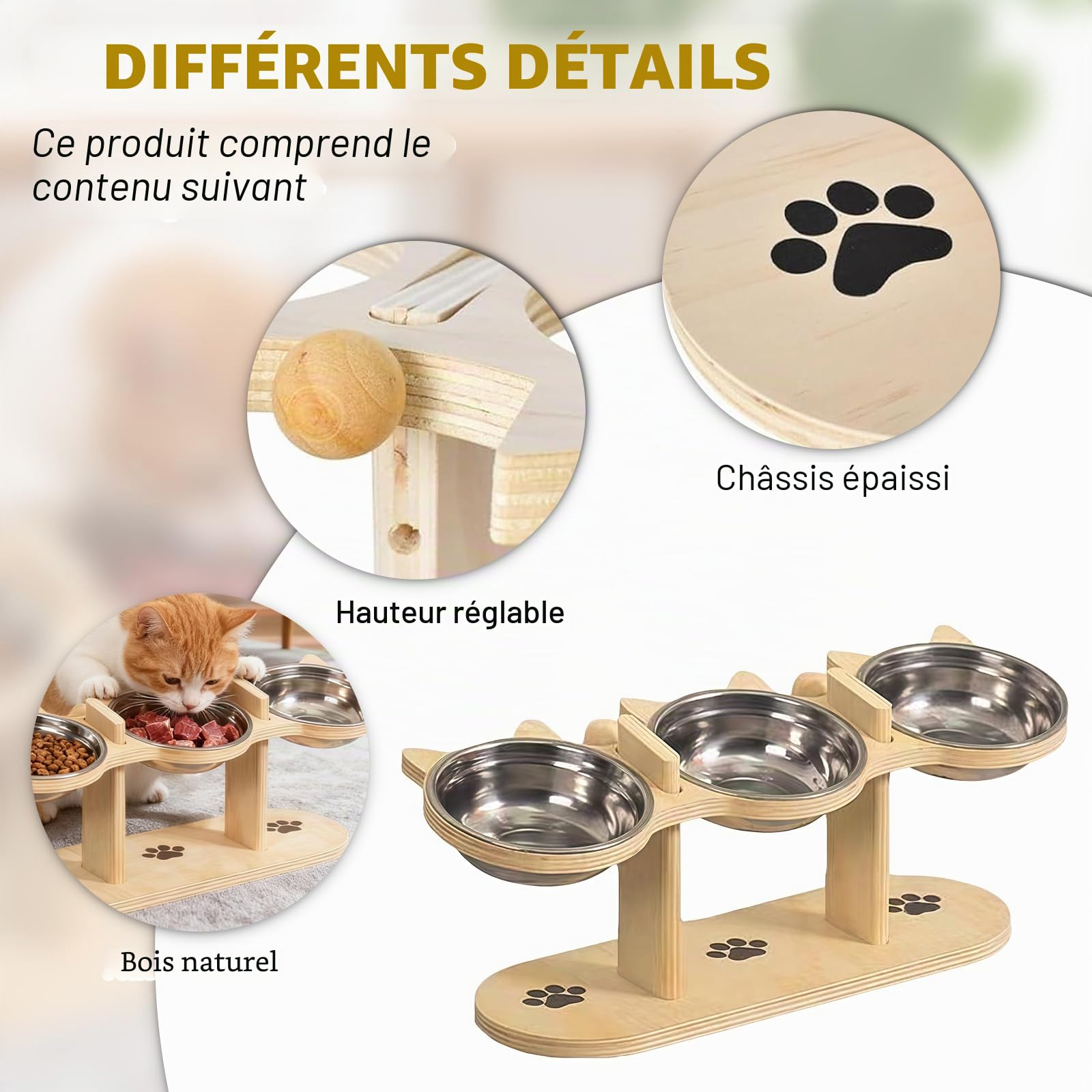 GOMETY Lot de 3 gamelles surélevées 3 en 1 pour chat avec 3 gamelles en acier inoxydable - Hauteur réglable - Avec support en bois - Gamelle ergonomique pour petits chiens
