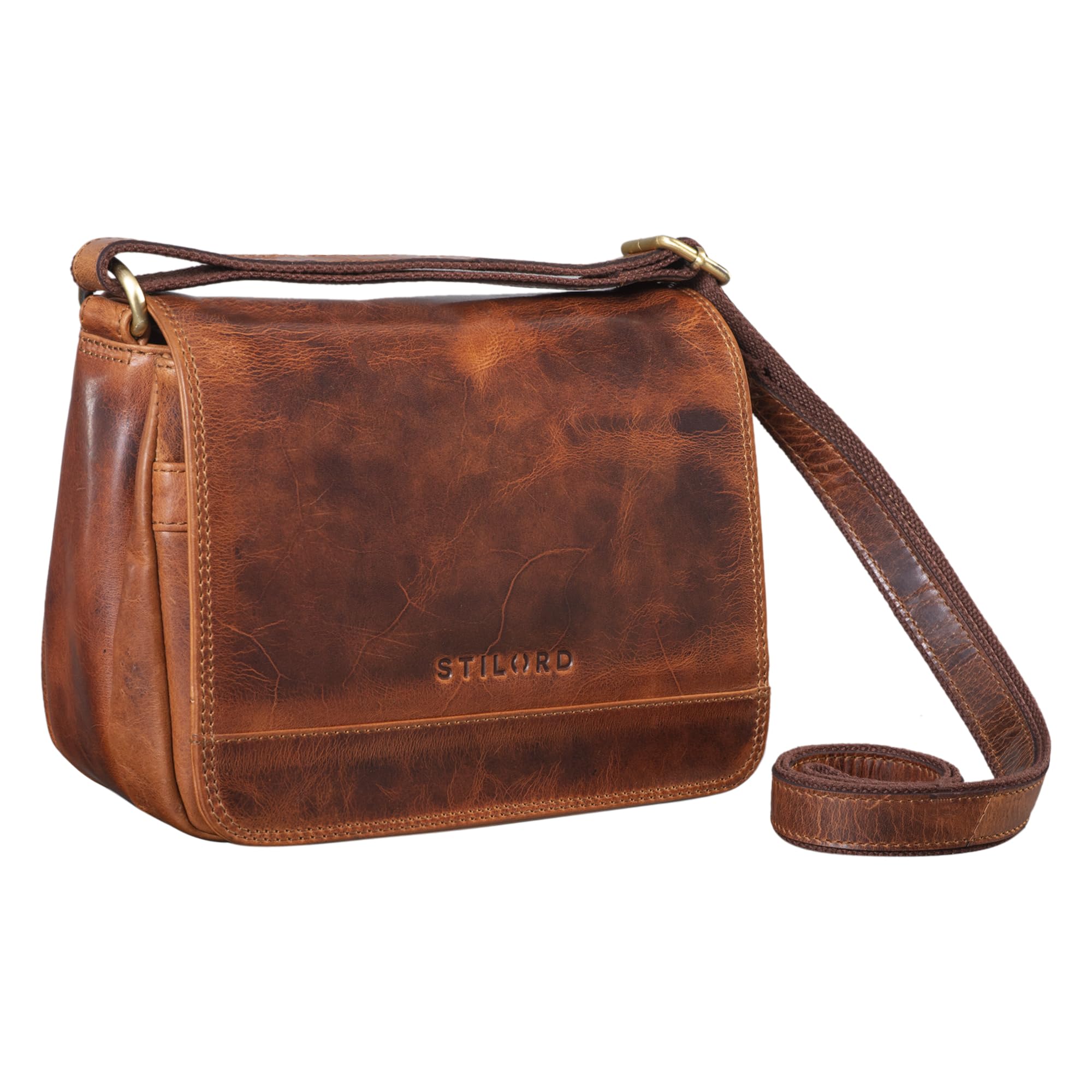 STILORD Malou Elegante Leder Handtasche Damen Umhängetasche Breit Vintage Ledertasche zum Ausgehen Klassische Abendtasche Frauen Echtleder Farbe:Kara - Cognac
