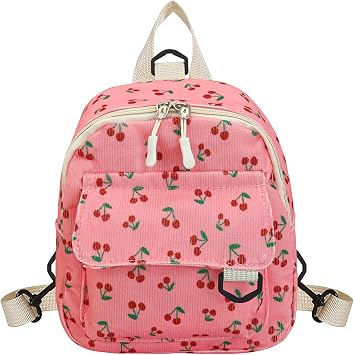 Womens Backpack, Small Backpack Corduroy Backpack for Women and Girls, Cute Mini Backpacks with Cherries Prints rose