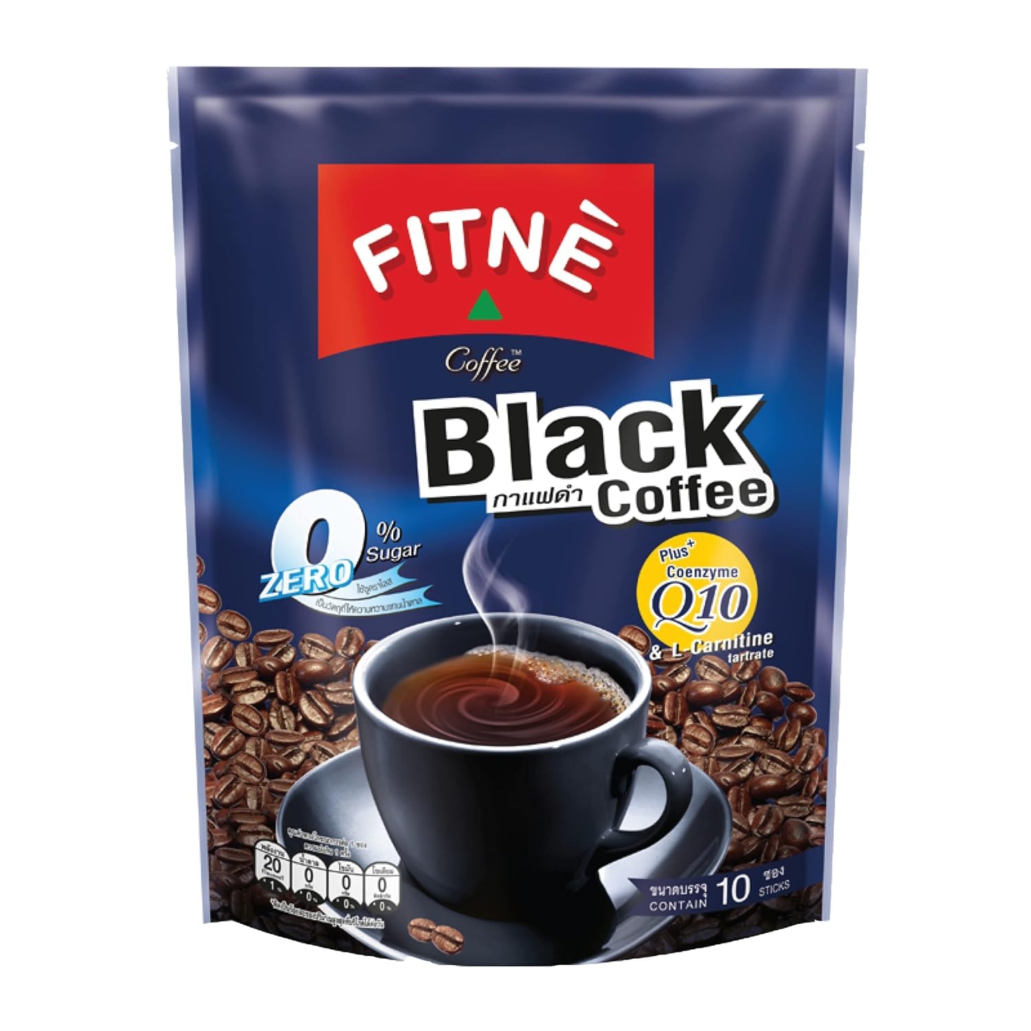 FITNE Instant Black Coffee Packets with Coenzyme Q10 & L-Carnitine - High Antioxidant, Low Calorie, Vegan, Non-Dairy - No Sugar, Sucralose Sweetener - 10 Sticks