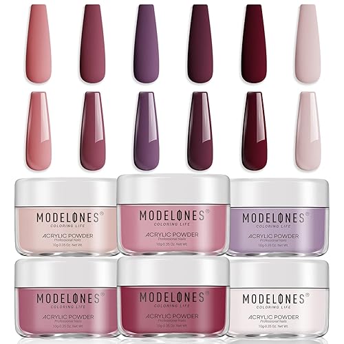 Modelones Juego de polvos acrílicos rojos, 6 colores, kit de polvo de uñas acrílicas de Halloween, tono de piel rosa melocotón, borgoña, arte de