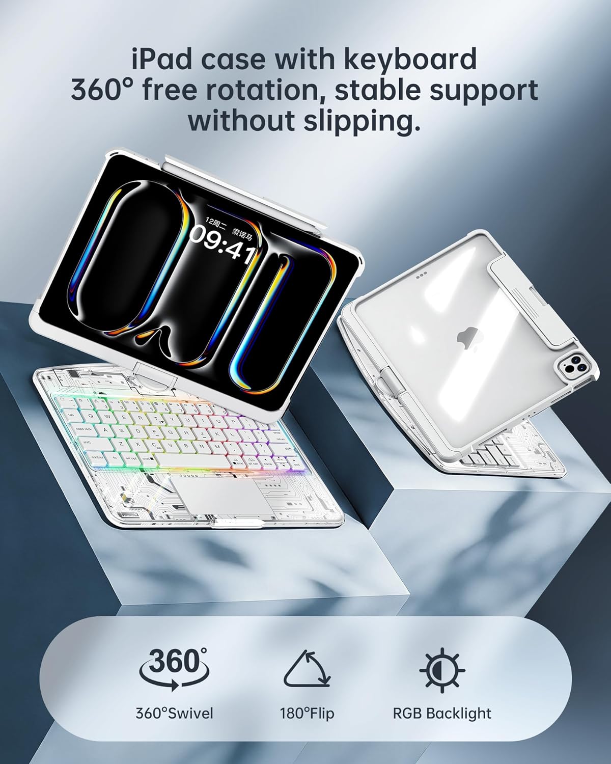 Clear Keyboard Case for iPad Pro 13 inch (M4/M5 2024/2025),360° Swivel Multi-Touch Trackpad, with Wireless Bluetooth 3-Brightness &7-Color Backlit, Pencil Holder and Keyboard Shortcuts White