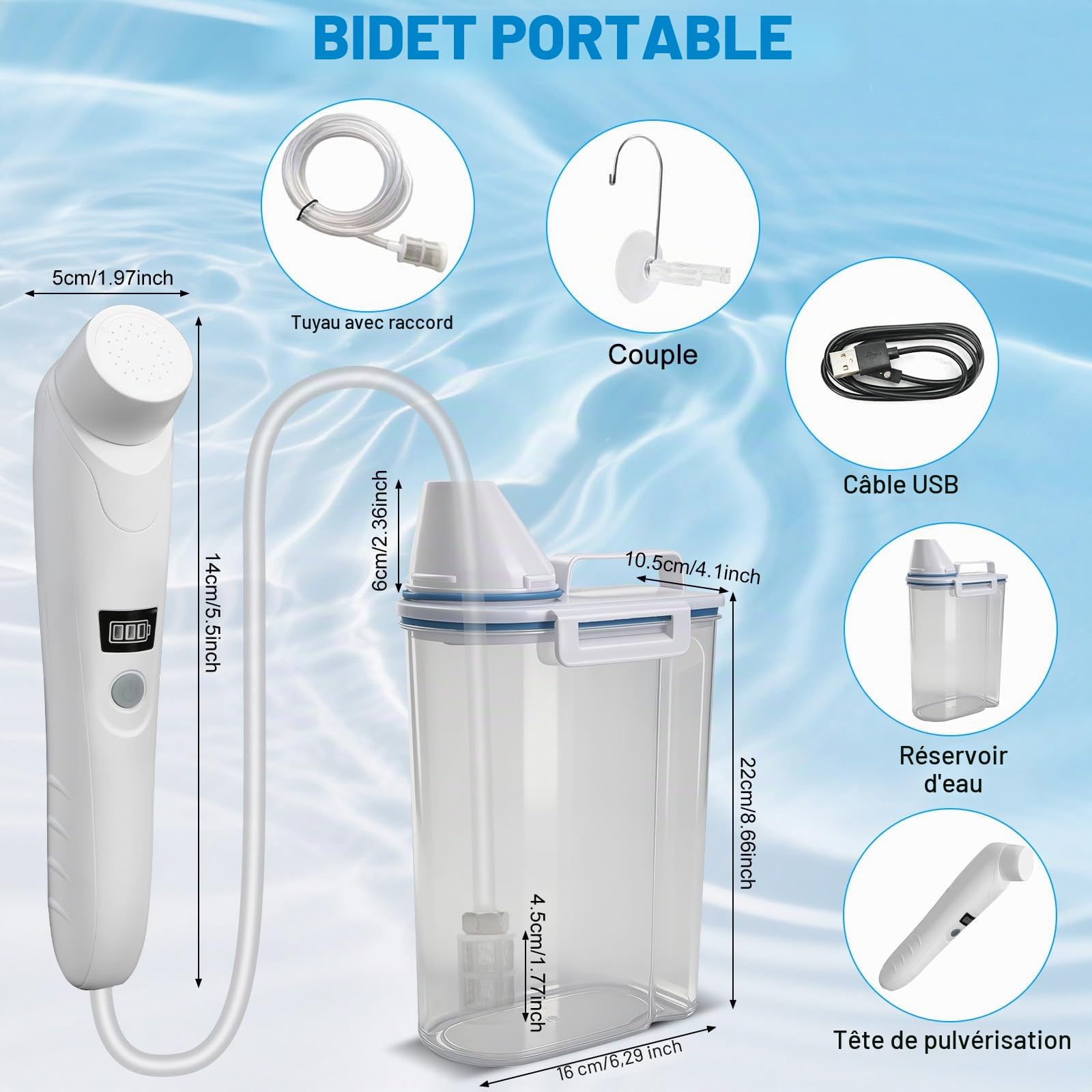 Bidet portable 2,5 l - Bidet électrique de voyage - Douchette à main pour toilettes en plein air - Bouteille de camping - Bouteille pulvérisateur à main - Bouteille périnéale pour femme et enfant