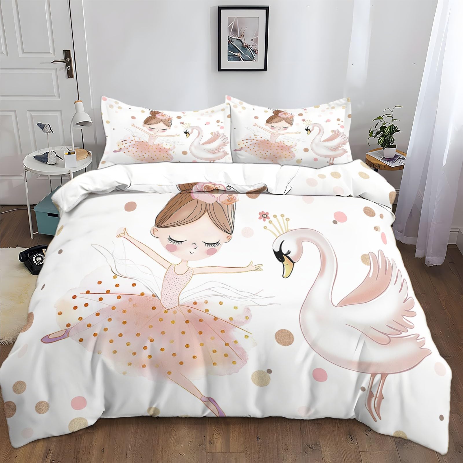 Juego de Funda Nórdica 3 Piezas Infantil para Cama 90 Caricatura Bailarina Cisne Juego de Funda de edredón 150x200 cm, Fundas de Cama de Polialgodón Suave Fundas Nórdicas