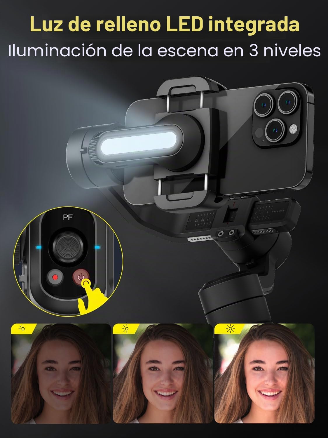 Estabilizador de cardán para teléfono inteligente, extensión incorporada de 18cm&luz de relleno, estabilizador de seguimiento de rostros&objetos, cardán de 3 ejes para iPhone &Android-AOCHUAN Smart S2
