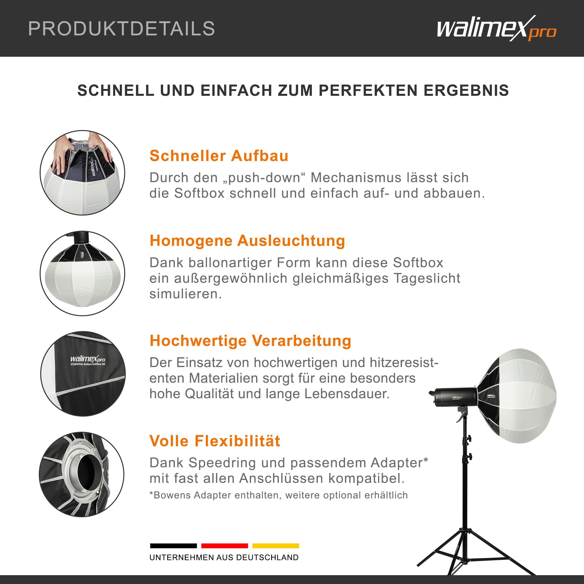 Walimex pro Essential Ballon Softbox 65cm, schnell öffnender 360° Lichtdiffusor, inkl. Bowens Adapter, kompatibel mit Allen gängigen Blitz- und Dauerlichter mit Bowensanschluss