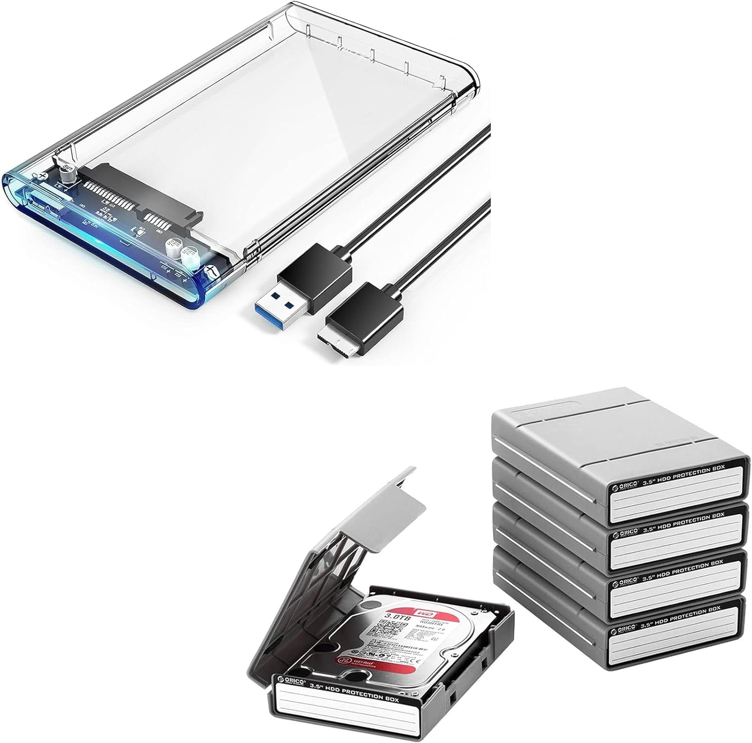 ORICO 2.5" External Hard Drive Enlcosure for HDD SDD, 5-Pack 3.5/2.5 inch SSD HDD Hard Drive Carry Case Protective