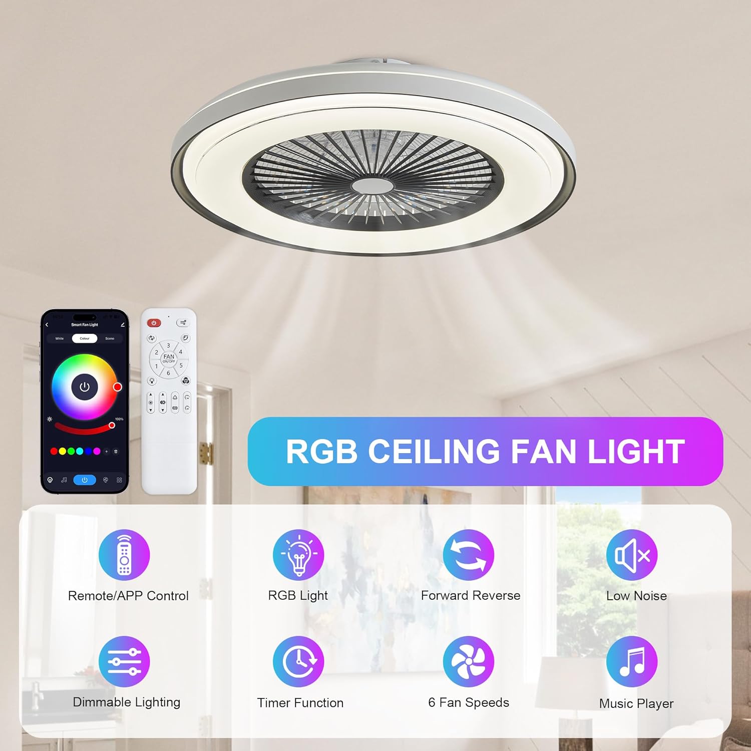 24" Bladeless Ceiling Fan with RGB Light and Remote,Smart LED Ceiling Fans with Alexa/Google Assistant/Tuya APP Control,Low Profile Ceiling Fan with Dimmable Light for Kids Bedroom Living Room