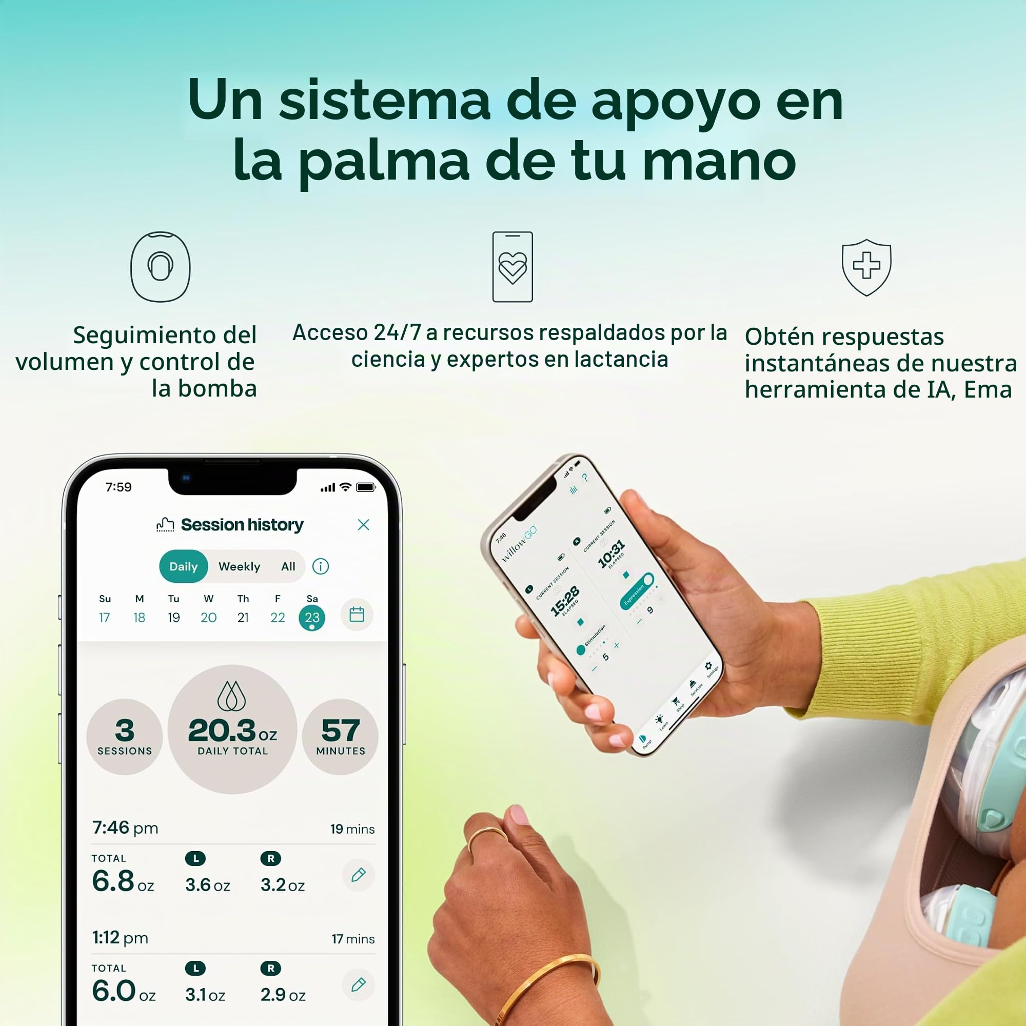 Willow Go - Extractor de leche portátil, doble eléctrico manos libres, diseño inalámbrico en brasier con succión de grado hospitalario de 15 niveles, incluye bridas de 24 mm y 21 mm y recipientes