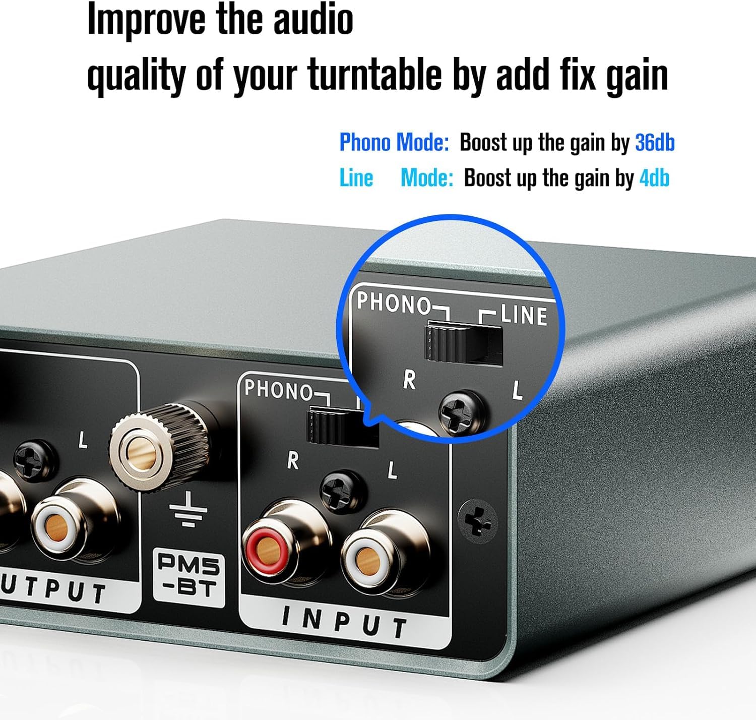 Bluetooth Preamplificador de Fono, Preamplificador de Tocadiscos con Entrada RCA, Salida Bluetooth, para Vinilo con Interruptor de Salida de Nivel de Línea y Fono, Ganancia 36 db/4 db