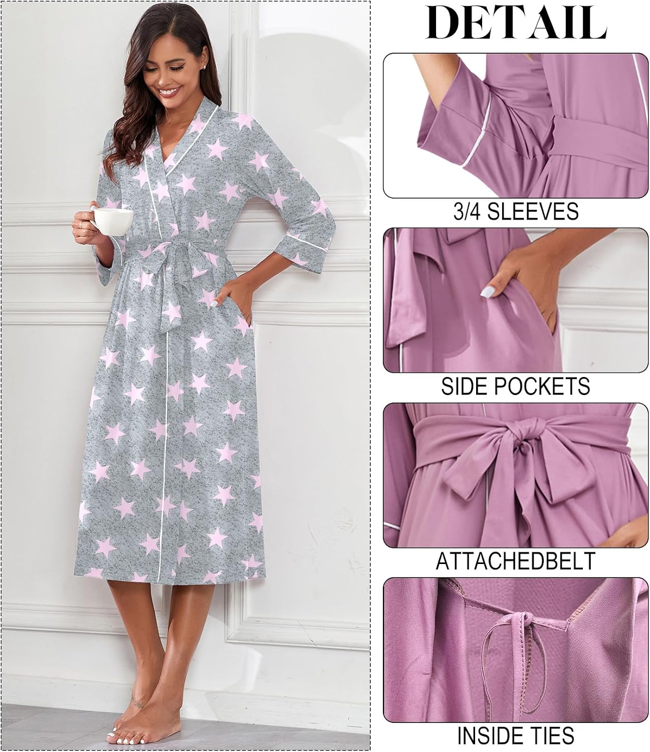 PrinStory Robes for Women 3/4 Sleeve Long Bath Robe XS-4XL image 2