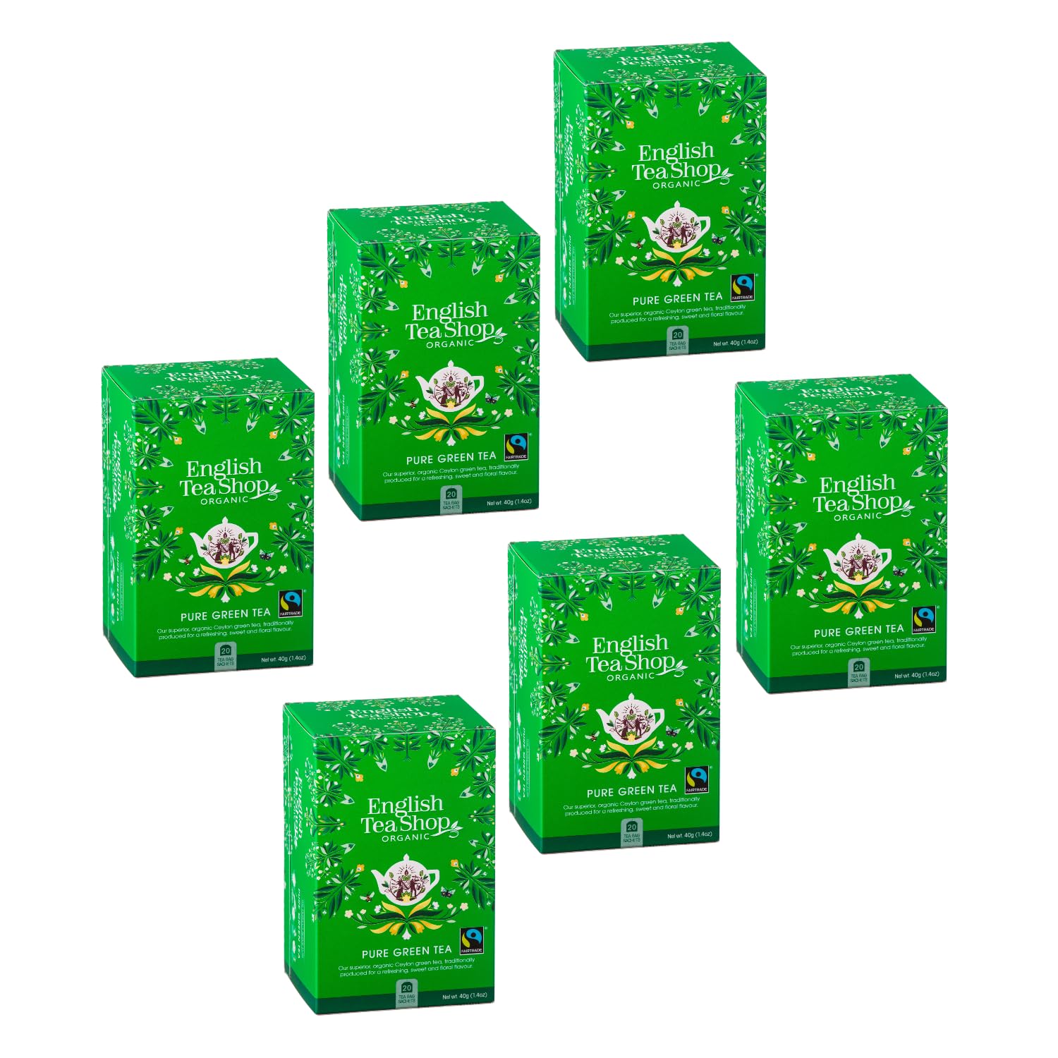 English Tea Shop | Zielona herbata cejlońska czysta bio pojedyncze saszetki | Zielona herbata owocowa profile aromatyczne zapachowe nuty morelowe - pudełko ekologiczne (6 x 20 filtrów)