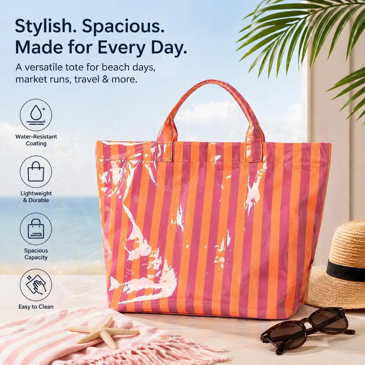Striped Pvc Tote Beach Bag For Women Pink Large Waterproof Handbag Summer Jelly Vacation Work Cruise Duffle Bag