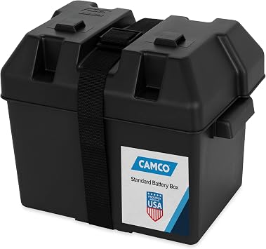Camco Large Battery Box with Straps and Hardware - Group 27, 30, 31 |Safely Stores RV, Automotive, and Marine Batteries | Measures Inside 7-1/4" x 13-1/4" x 8-5/8" | 55373, Black