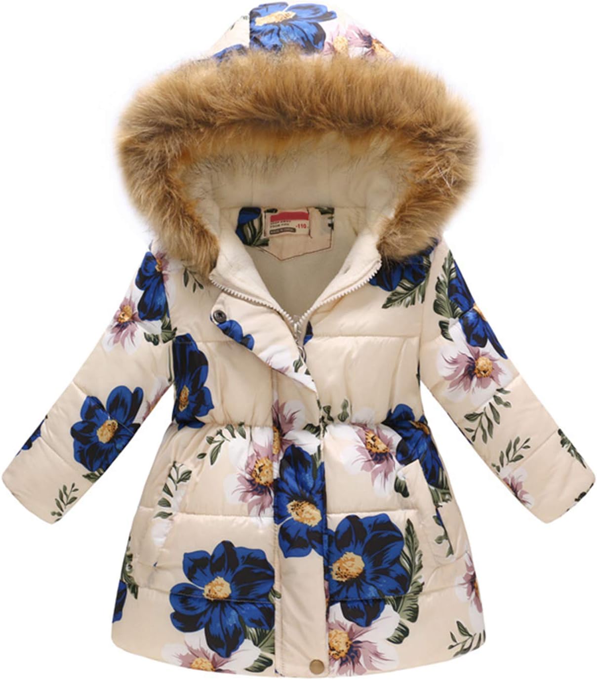 Winter Warm Coat for 3-12 Years Baby Girl Boy Floral Hooded Windproof Jacket with Faux Fur Cotton Parka Padded Overcoat