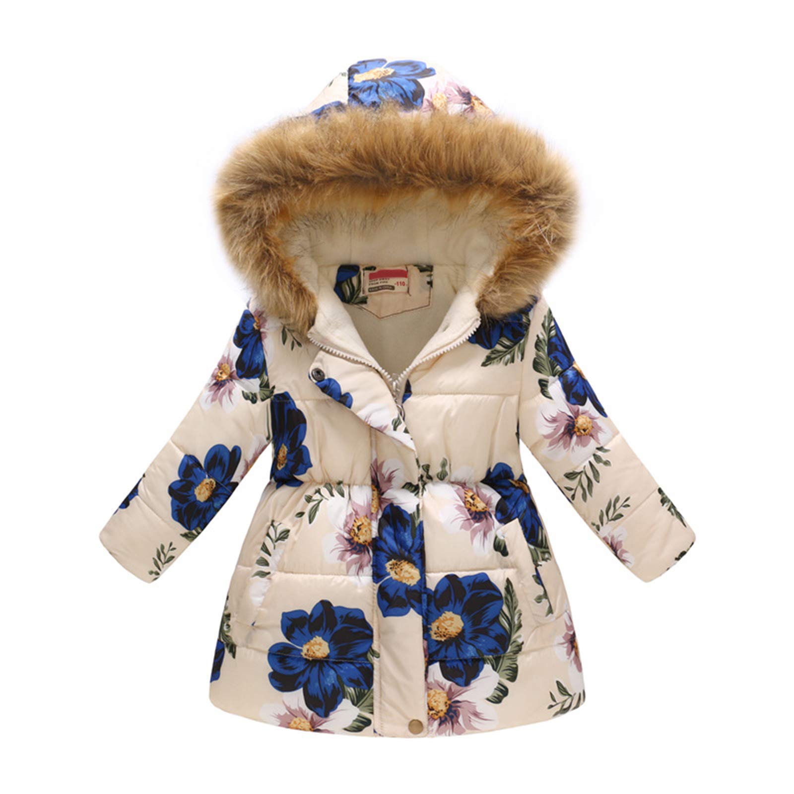 HaokainiWinter Warm Coat for 3-12 Years Baby Girl Boy Floral Hooded Windproof Jacket with Faux Fur Cotton Parka Padded Overcoat