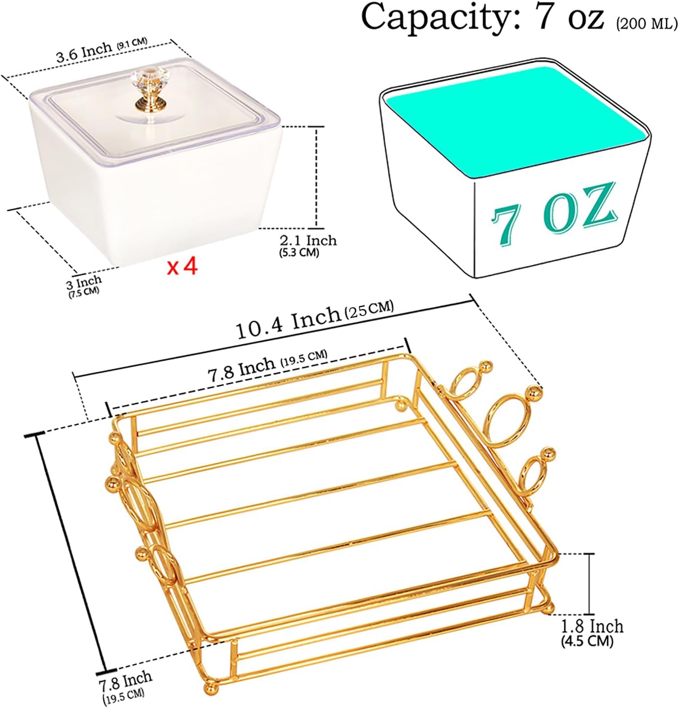 YA JU Ceramic Bowls and with Lid Gold Basket Trays, 4 Removable Small Bowls Condiment Trays Nut Serving Set for Snacks, Fruits, Candy and Condiments - Great for Parties, Holiday Gifts,White