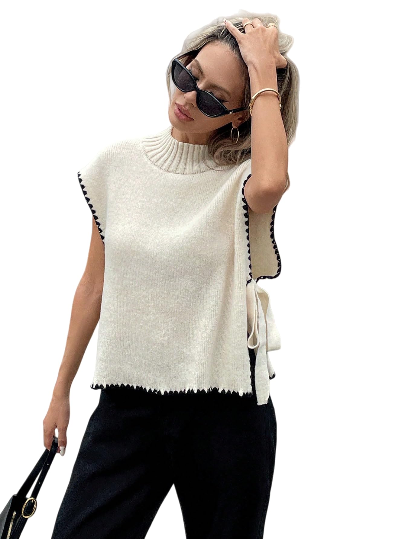 Womens Mock Neck Sleeveless Sweater Vest Cream White with Black Trim Ribbed Knit Side Tie Detail Casual Fashion