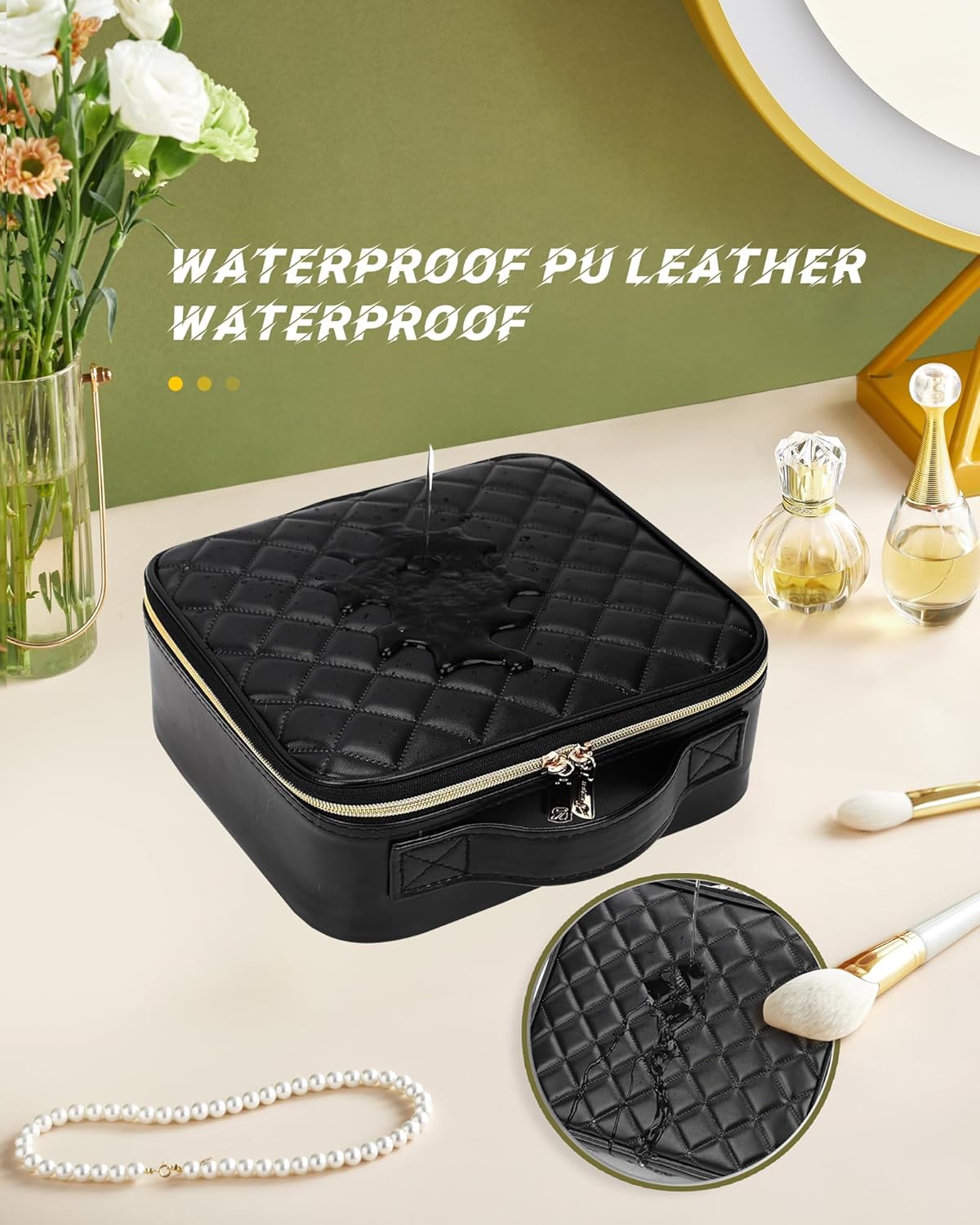 Travel Makeup Train Case Cosmetic Organizer Portable Artist Storage Bag with Adjustable Dividers for Cosmetics Makeup Brushes Toiletry Jewelry Digital Accessories Quilted Black