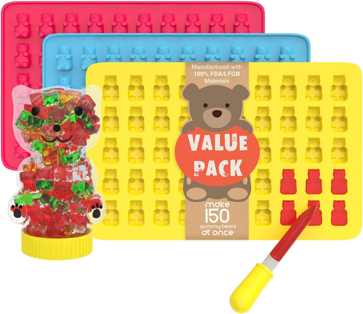 Silicone Gummy Bear Mold VALUE PACK Kit + Bonus Bear Container & Dropper - BPA Free 3-Pack Molds 150 Gummies At Once - Best for Natural Healthy Vitamin Fruit Candy Cakes & More