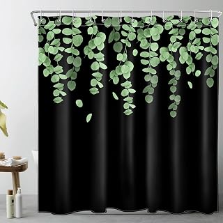 ECOTOB Green Leaf Shower Curtain for Bathroom, Watercolor Eucalyptus Leaves Minimalist Plant Bathroom Decor, Green and Black Bath Curtain Polyester Fabric with Hooks, 72Lx72W Inches