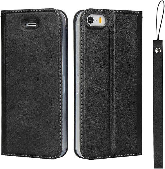 iPhone 5/5s/SE Compatible Smartphone Case, Book-Type, Lightweight, Ultra-Slim, Belt-Attached, Card Storage, Horizontal Stand Function, Color: Black