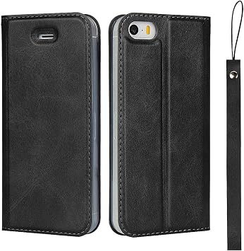 Eastwave iPhone 5 / 5S / SE 2016 Case Folio Apple se 2016 Case iphonese 2016 Folio iPhone 5S Case PU Leather Card Storage Horizontal Stand Function Shock Absorbing Ultra Thin Belt Included - Black