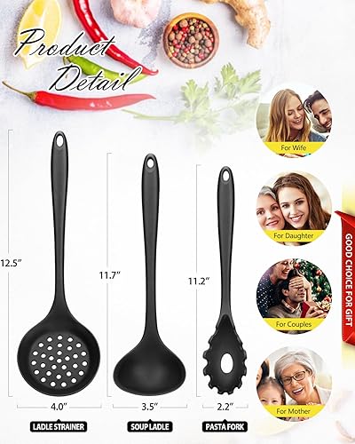 Miniatura 3 de Juego de 3 utensilios de cocina de silicona, cucharón de sopa, tenedor de pasta, cuchara de slottee, antiadherentes, sin BPA, utensilios de cocina