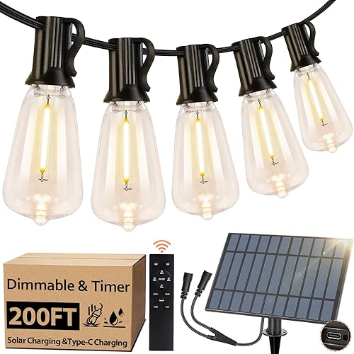 Miniatura 12 de 100 pies de luces de cadena solar para exteriores con control remoto, luces LED recargables por USB para patio con 52 bombillas ST38 Edison