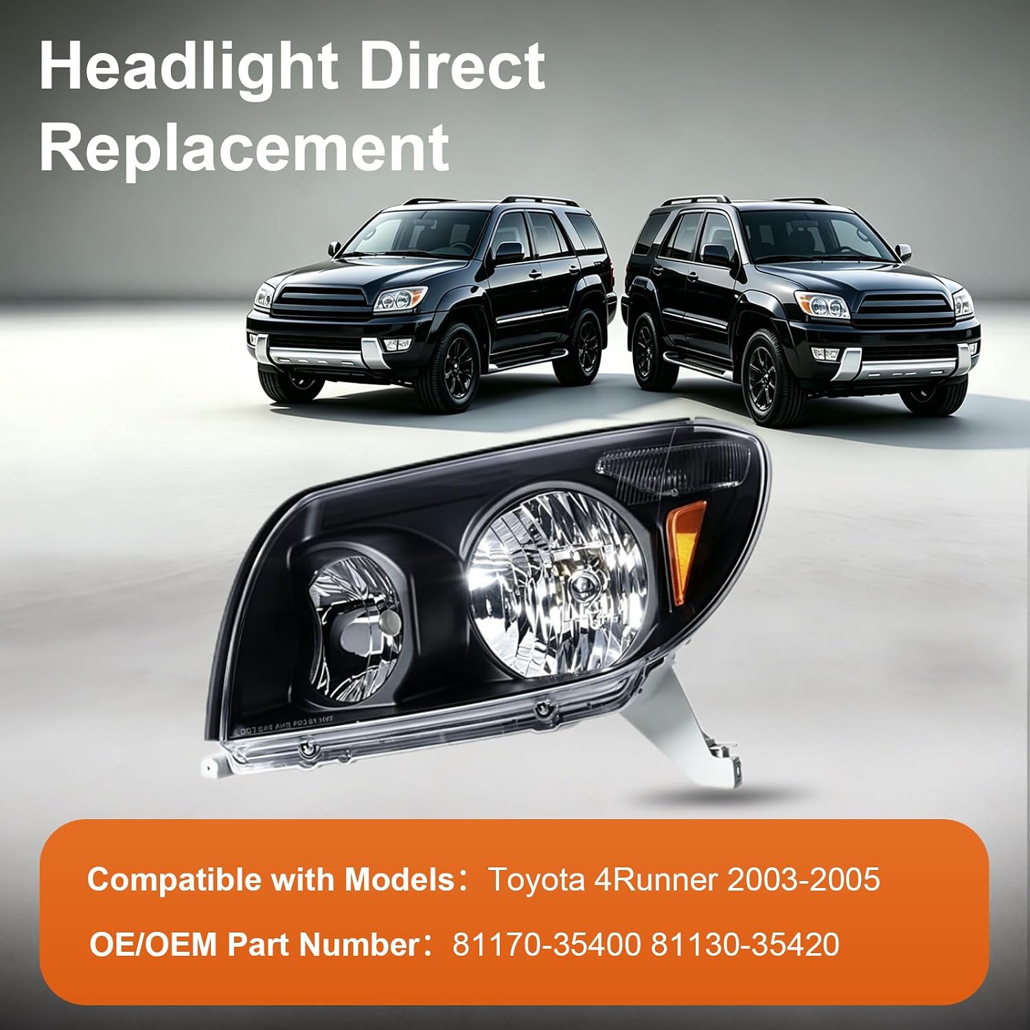 Headlight Assembly for 2003-2005 Toyota 4Runner Chrome Headlamp Replacement Pair Left+Right (Black)