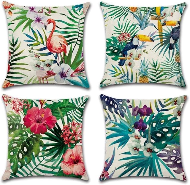 LYNKO Cushion Covers 45 x 45cm,Set of 4 Linen Pillow Covers Decorations Tropical Rain Forest Plant Pattern for Sofa, Outdoor Garden, Bed, Couch, Car(18"x18")