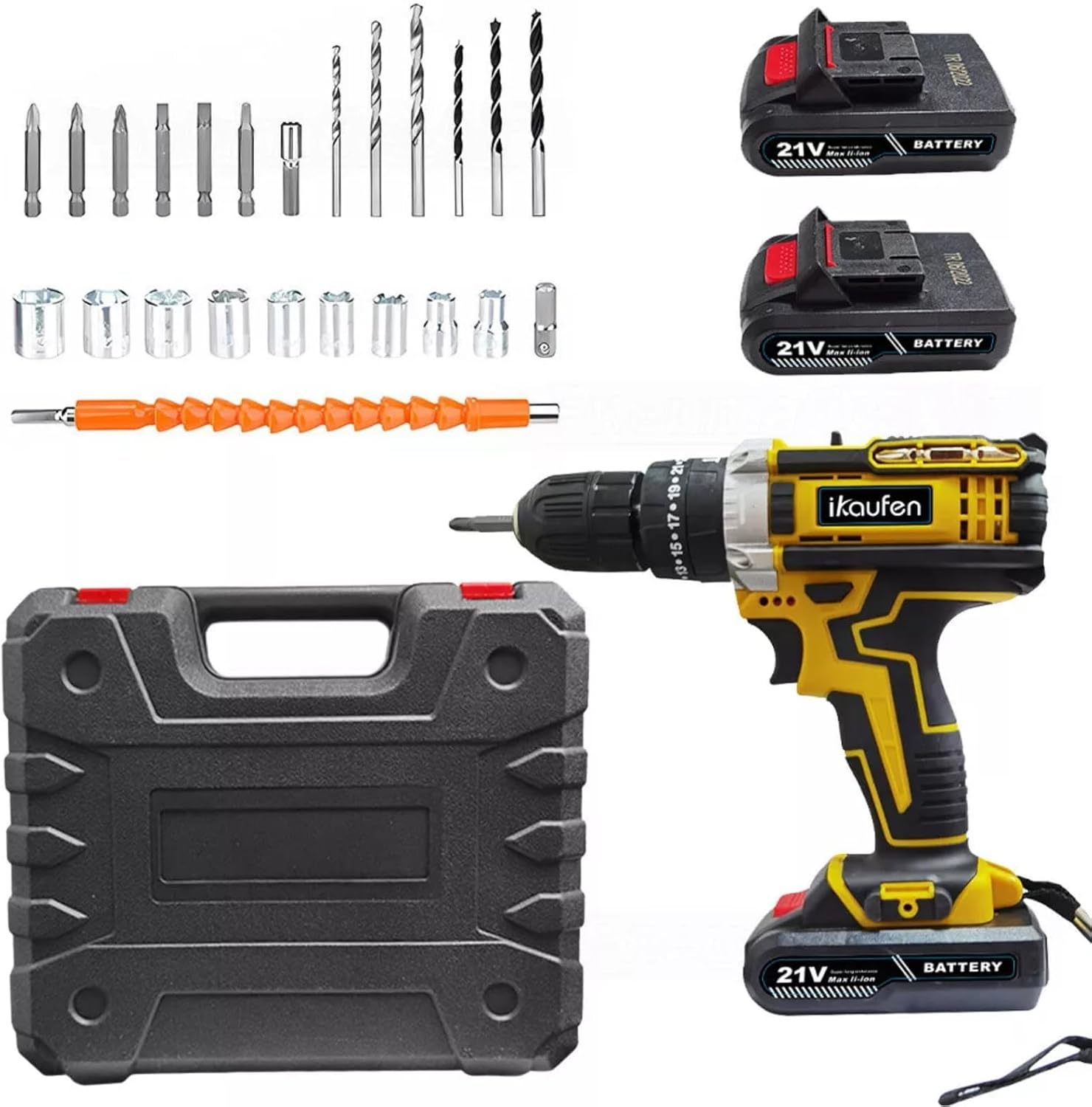 ikaufen Cordless Drill Driver, 21V Electric Drill Screwdriver Kit with 25+1 Torque, 2 Speed with 2 Batteries 1.5Ah, LED Light Cordless Combi for Home and Garden DIY Project (Yellow 01)