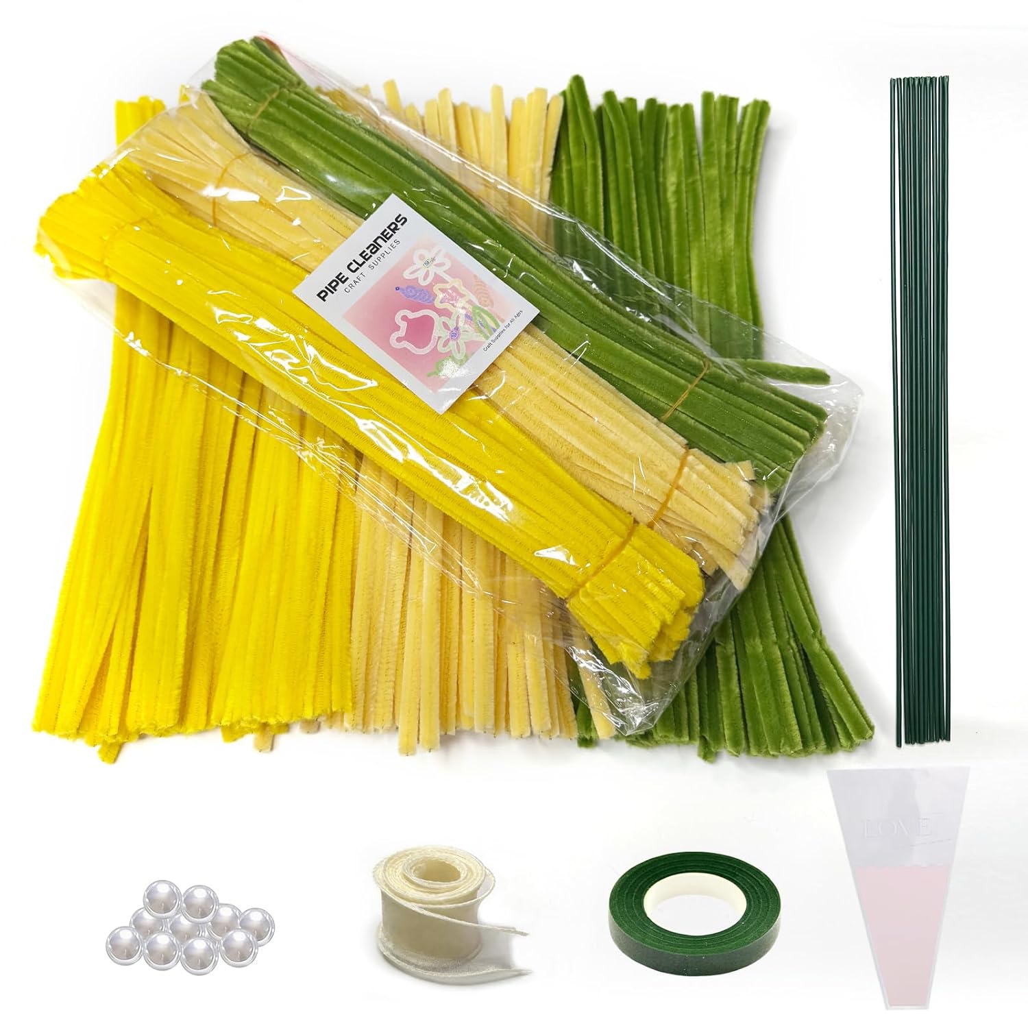 150pcs Yellow Pipe Cleaners Flower Kit, 3 Color Chenille Stems