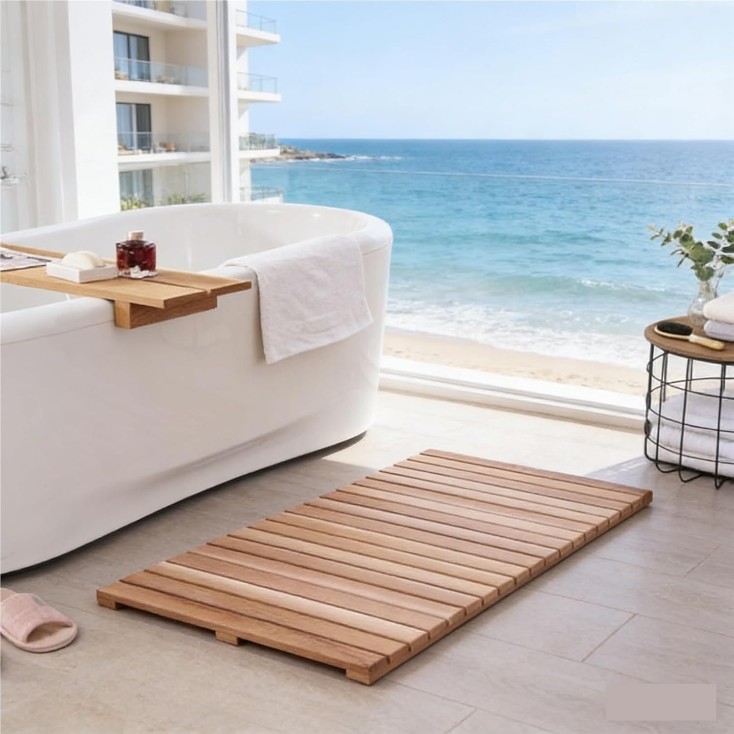 44in 40in 36in 32in 30in 28in Large Square Teak Shower and Bathtub Mat, Bath Floor Mat with Anti-Slip Foot Pads for Indoor Or Outdoor Use, Customizable Size(24x42in(61x107cm))