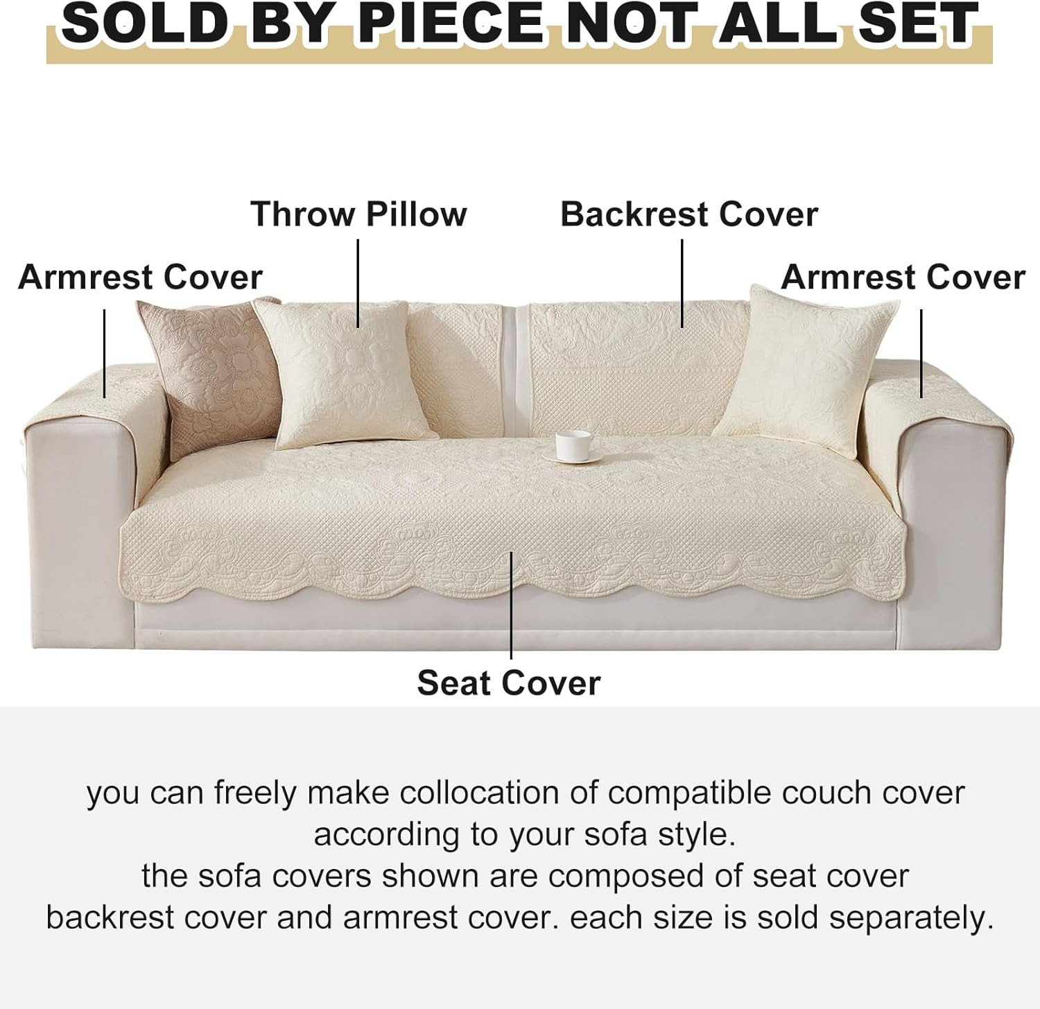 vctops Boho Cotton Quilted Couch Cover Soft Embroidered Sofa Cover Non-Slip Dog Bed Cover Scalloped Sofa Slipcover Washable Furniture Protector Cover (Cream,28"x82")