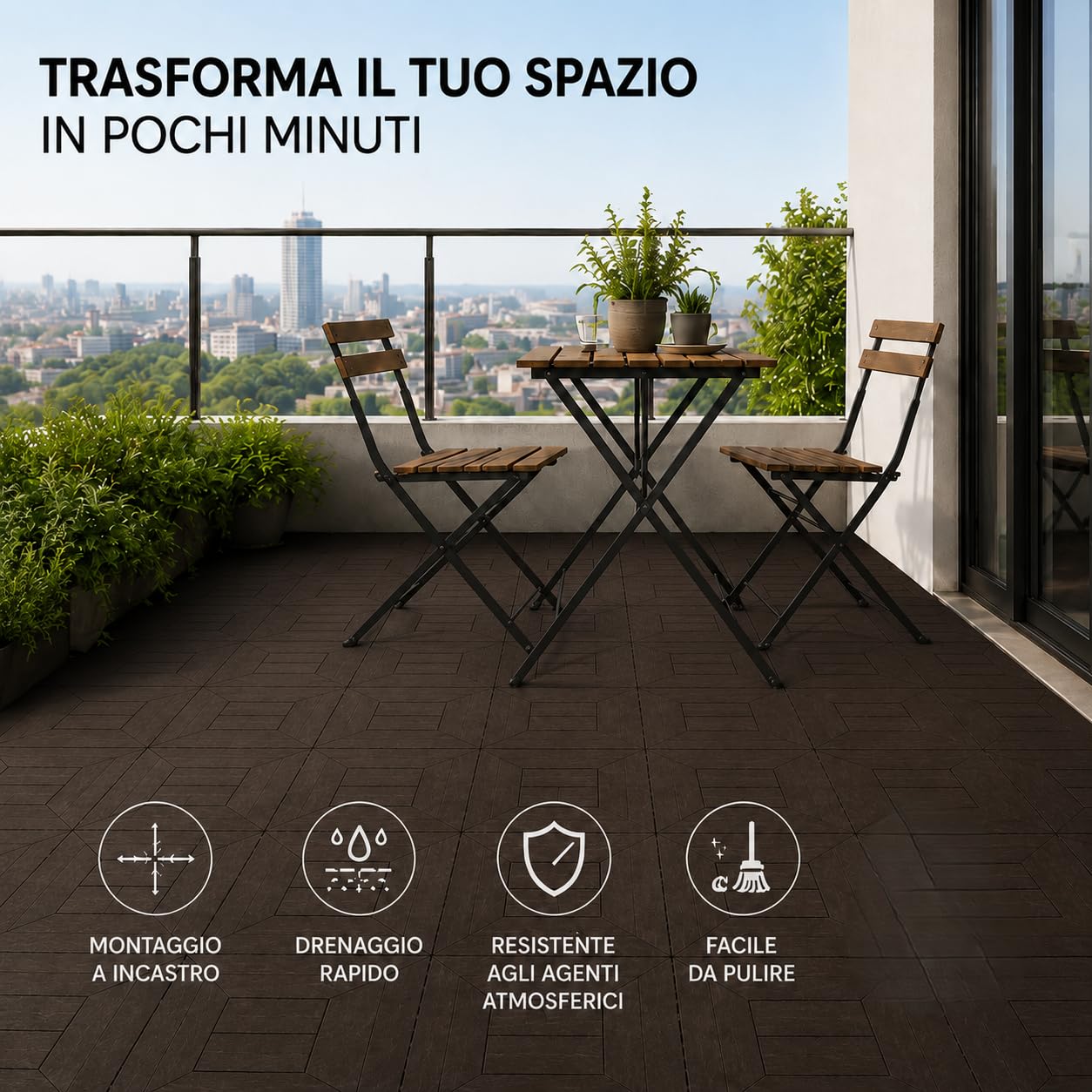 Set di Piastrelle in Plastica Moka 30x30x2h cm - Pavimento Esterno, Giardino, Sistema a Incastro, per Terrazza, Patio, Resistente - Set da (27)
