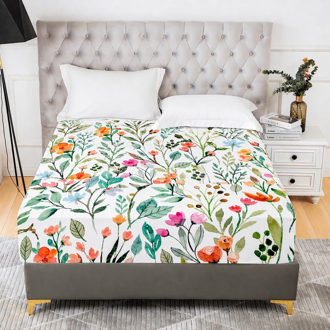 YIYEA Floral Fitted Sheet Only, Premium Double Brushed Microfiber Deep Pocket Fitted Sheet King Size, Ultra Soft Fitted Bottom Sheet, Shrinkage, Fade Resistant, King