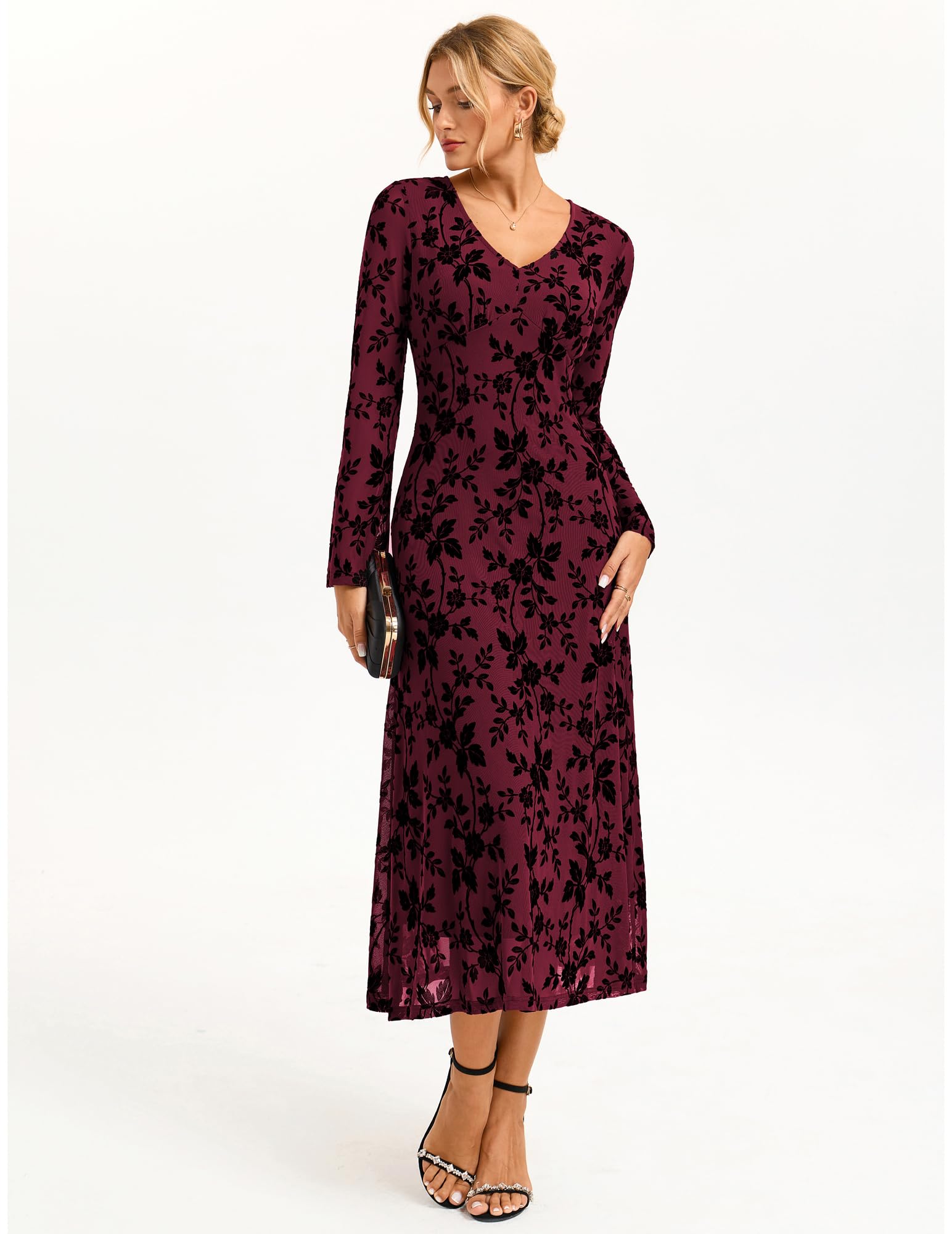 GRACE KARIN Damen Langarm Maxikleid V-Ausschnitt A-Linien Abendkleid
