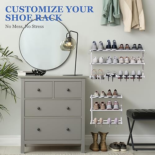 Miniatura 3 de Paquete de 2 zapateros para montar en la pared, zapatero colgante de 3 niveles con capacidad para 24 pares, soporte organizador de zapatos de metal