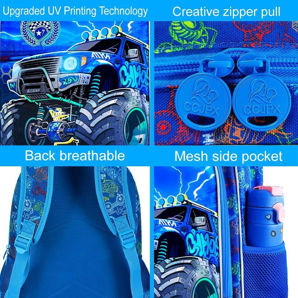 CCJPX 3Pcs Truck Backpack for Boys, 16" Cars Kids Water Resistant Preschool Bookbags,Cool Kindergarten School Backpacks with Lunch Box（Blue）