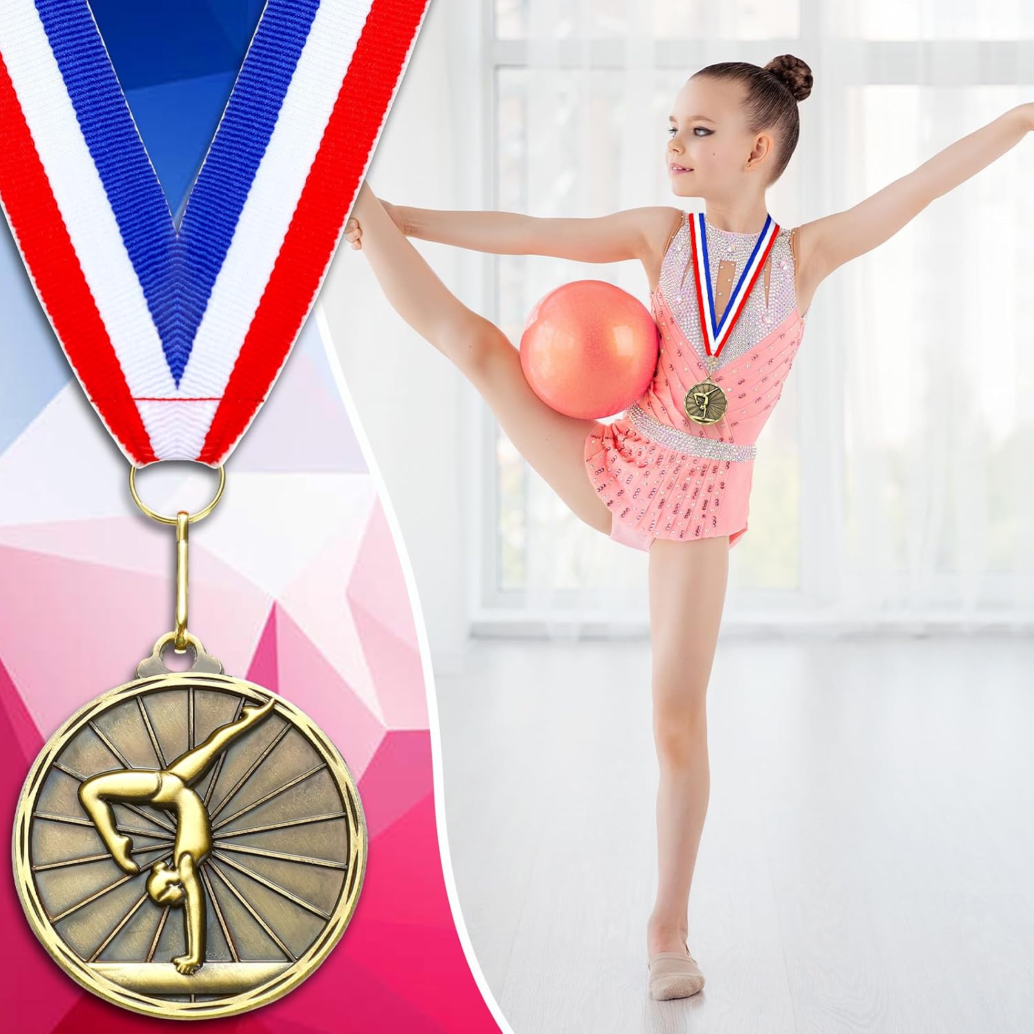 Remuuly Gymnastics Medals Bulk 2'' Gold Medals for Gymnastics Trophy Award Winner Metal First Place with Neck Ribbons Award Prize Gift for Tournaments Competition Team Gymnastics Theme Party