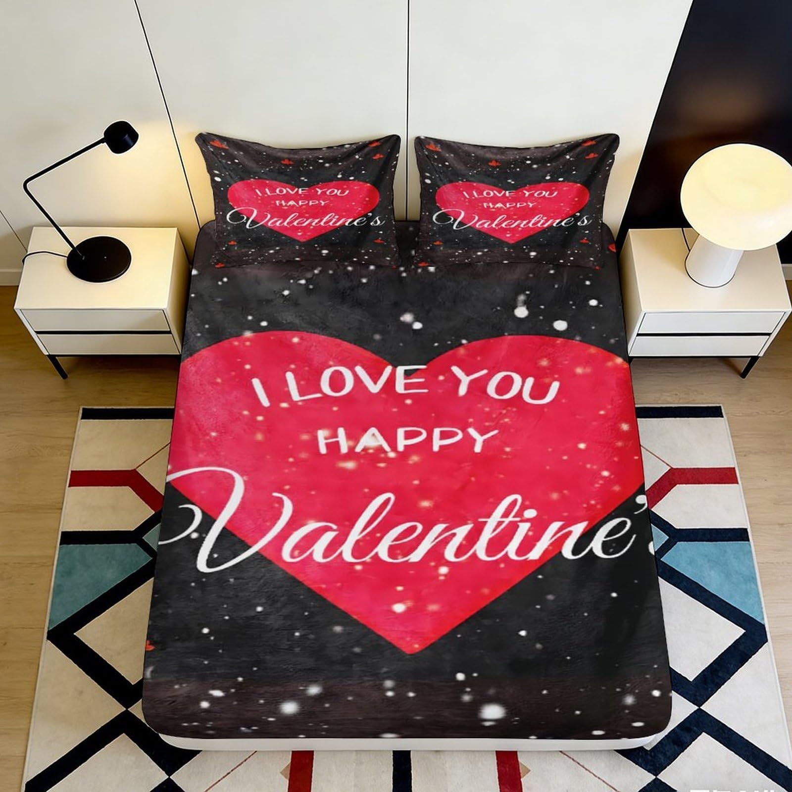 3D Printed Heart Valentine Fitted Sheet Microfiber Romantic Love Letter Bed Cover for Bedroom Guest Room Decor 90x200x25cm